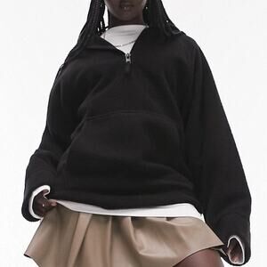 Topshop Borg Quarter Zip Black Fleece Hoodie Long Sleeve Pouch Pocket Sweater